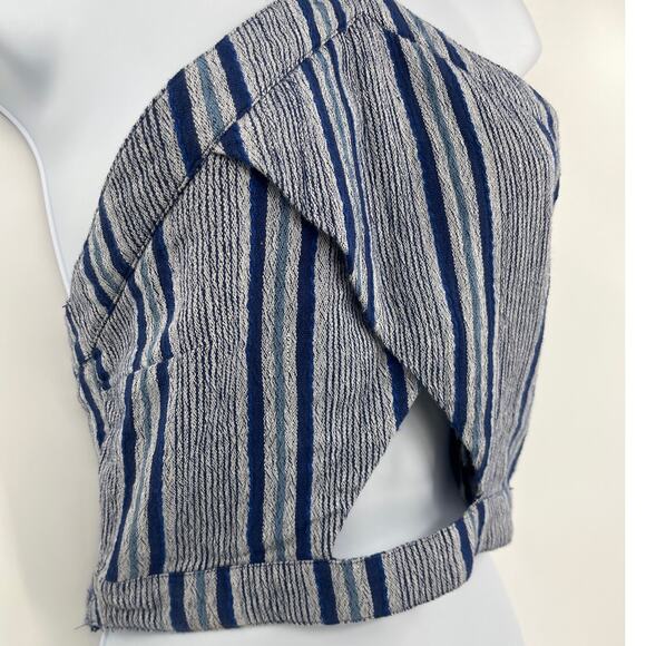 Roxy Bandeau Crop Halter Womens Top Sz L Boho Coastal Y2K Beach Smocked Striped - Picture 2 of 12